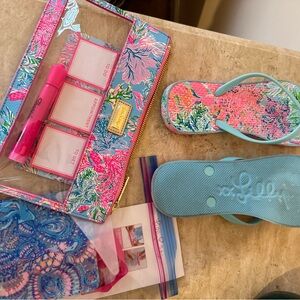 Lilly Pulitzer Pink and Blue Flip Flops with Accessories